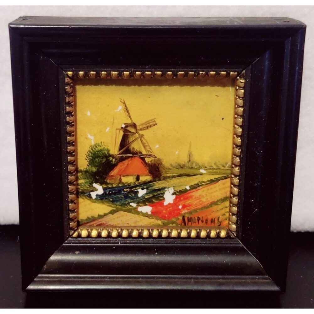 Antique Miniature Oil Painting Windmill Scene Country Side Signed Holland
